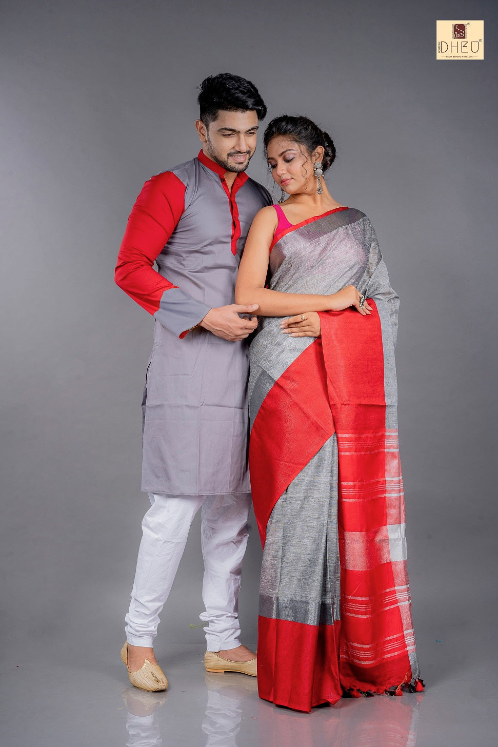 Grey Red Linen Saree Kurta Couple Set Dheu