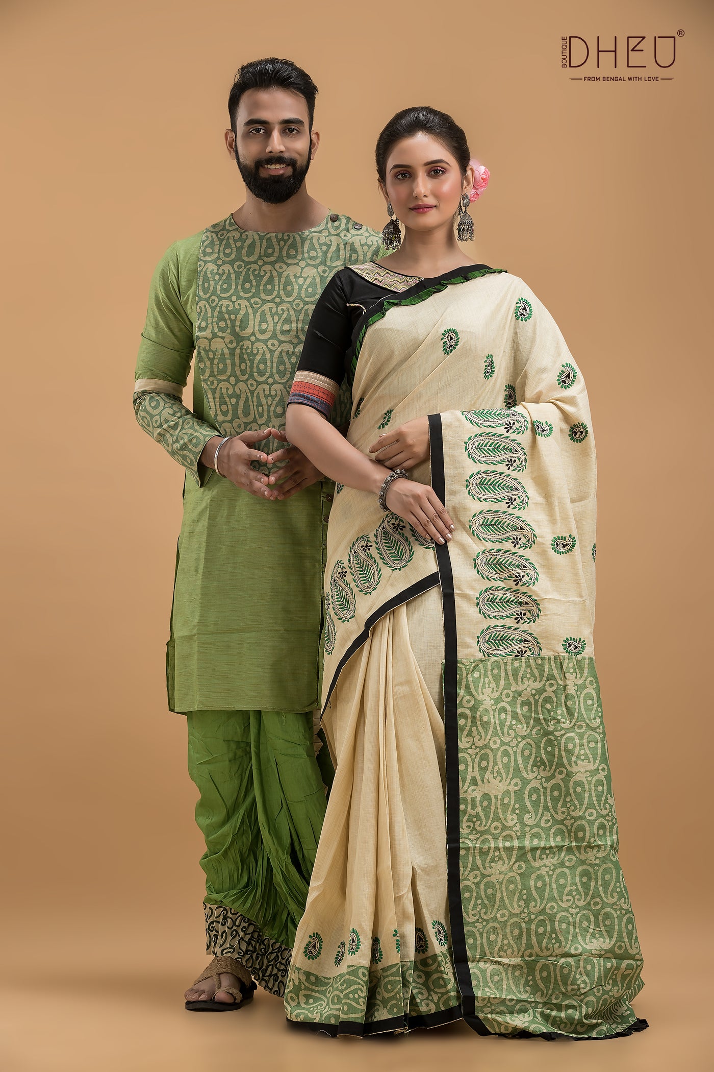 Sobuj Dip- Saree, Kurta & Dhoti(Optional) Couple Set