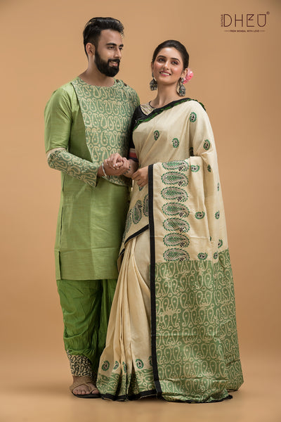 Sobuj Dip- Saree, Kurta & Dhoti(Optional) Couple Set