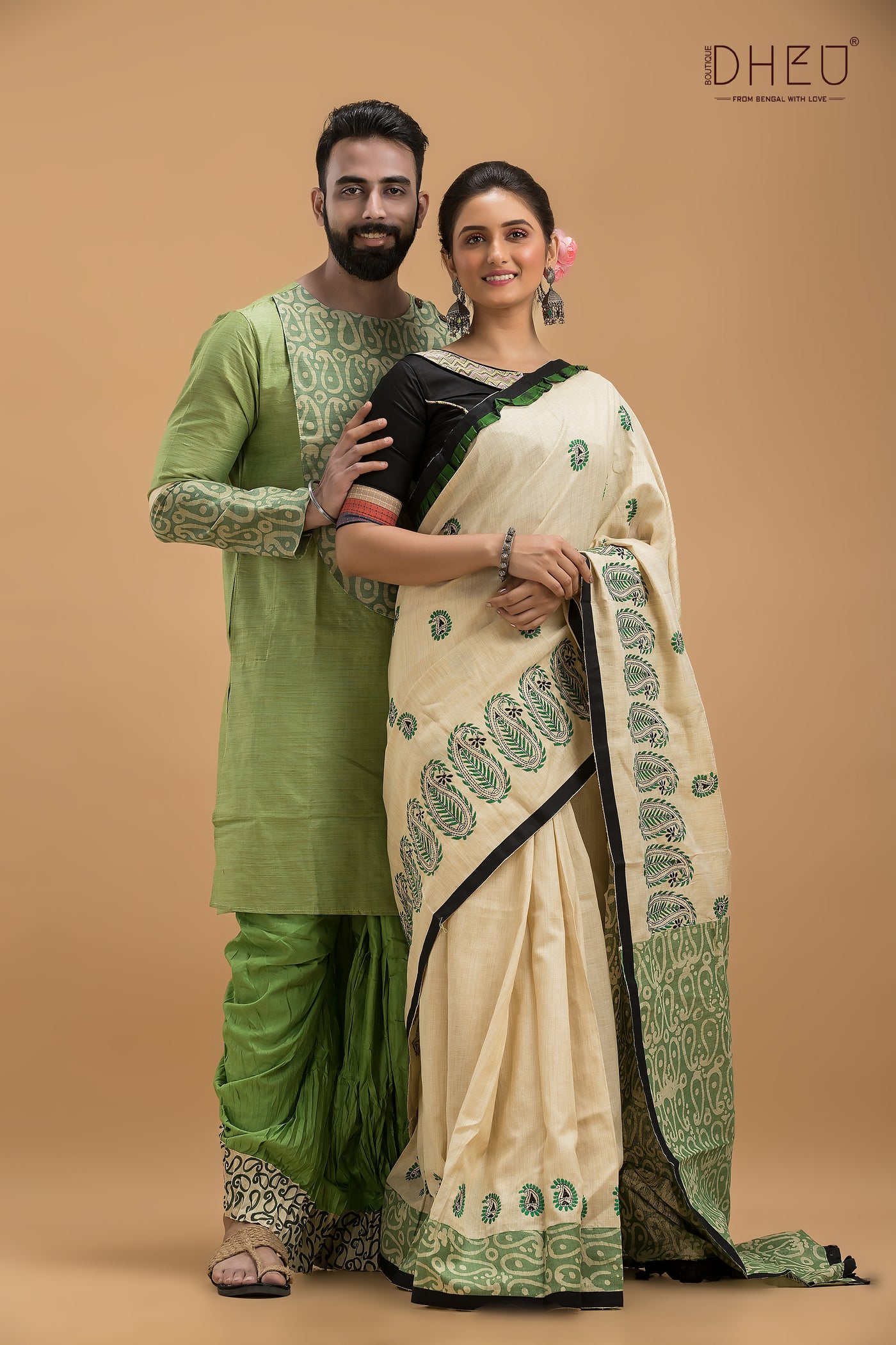 Sobuj Dip- Saree, Kurta & Dhoti(Optional) Couple Set