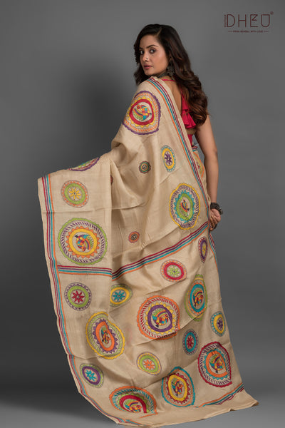 Pure Tussar Silk Kantha Stitch Saree (Silk Mark Certified)