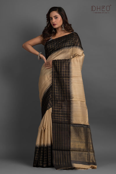 Pure Tussar Silk Check Border Saree (Silk Mark Certified)