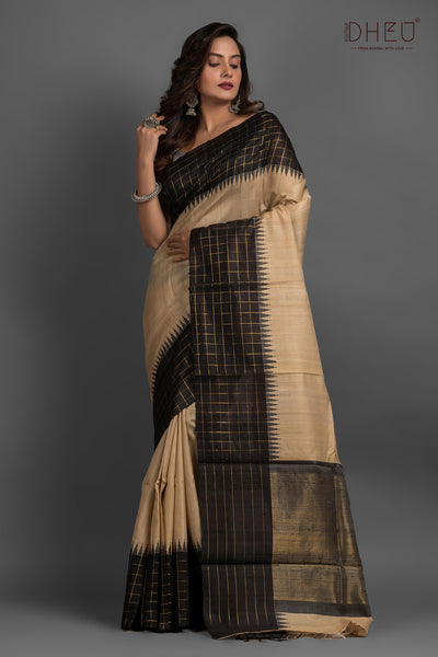 Pure Tussar Silk Check Border Saree (Silk Mark Certified)