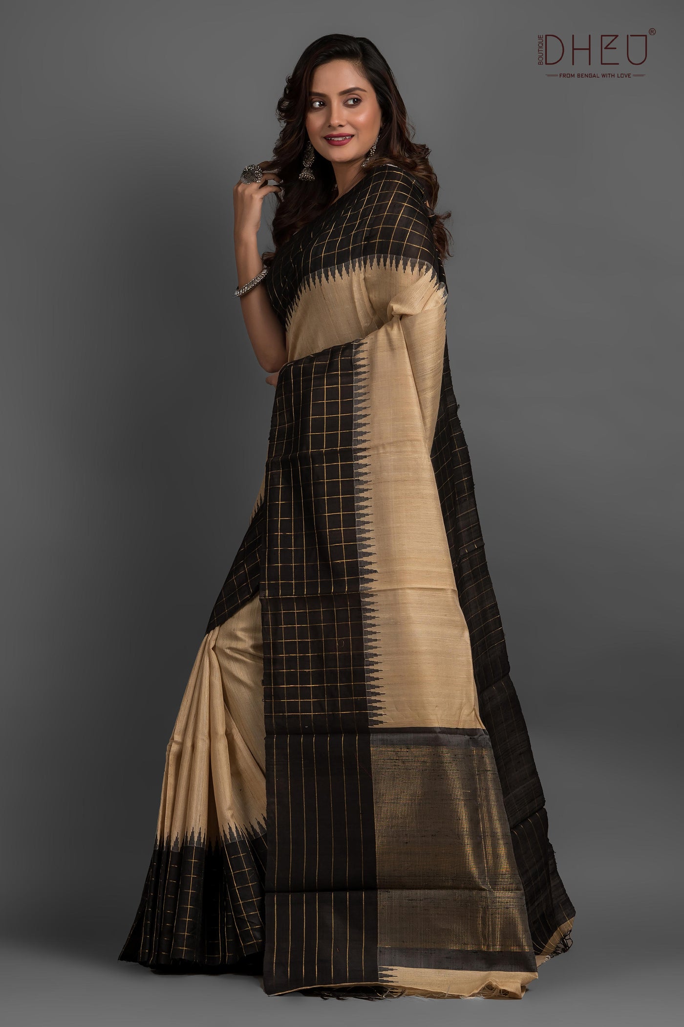 Pure Tussar Silk Check Border Saree (Silk Mark Certified)