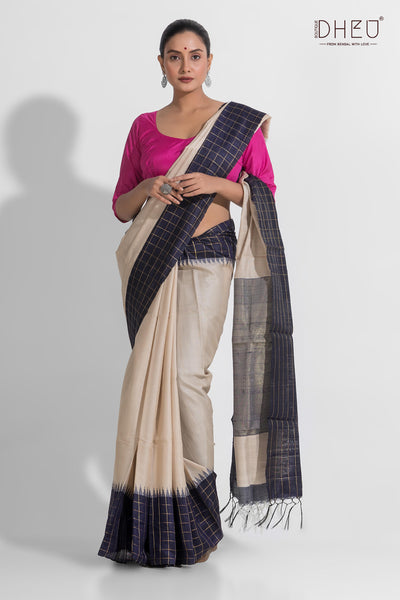 Pure Tussar Silk Check Border Saree (Silk Mark Certified)