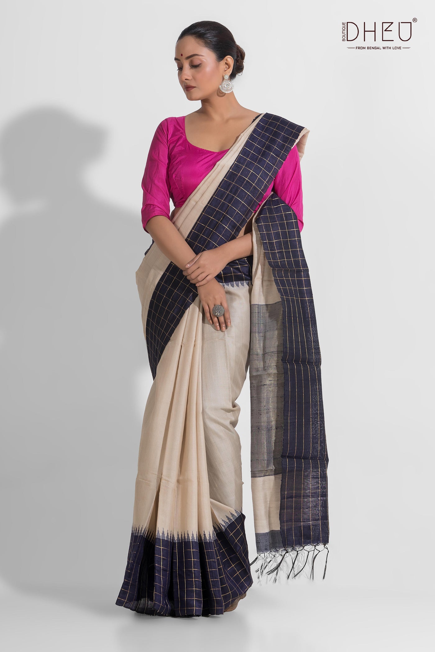 Pure Tussar Silk Check Border Saree (Silk Mark Certified)