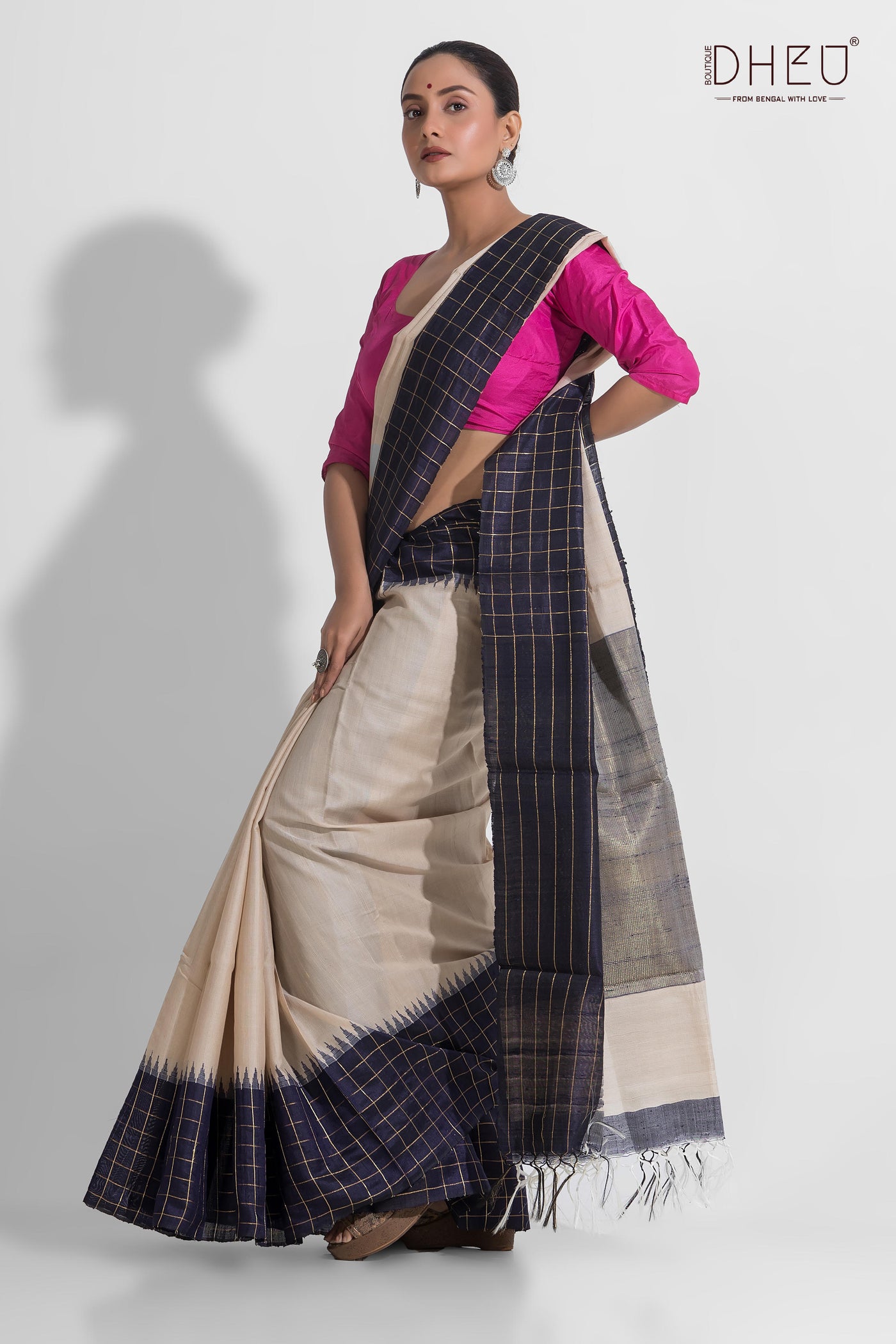 Pure Tussar Silk Check Border Saree (Silk Mark Certified)