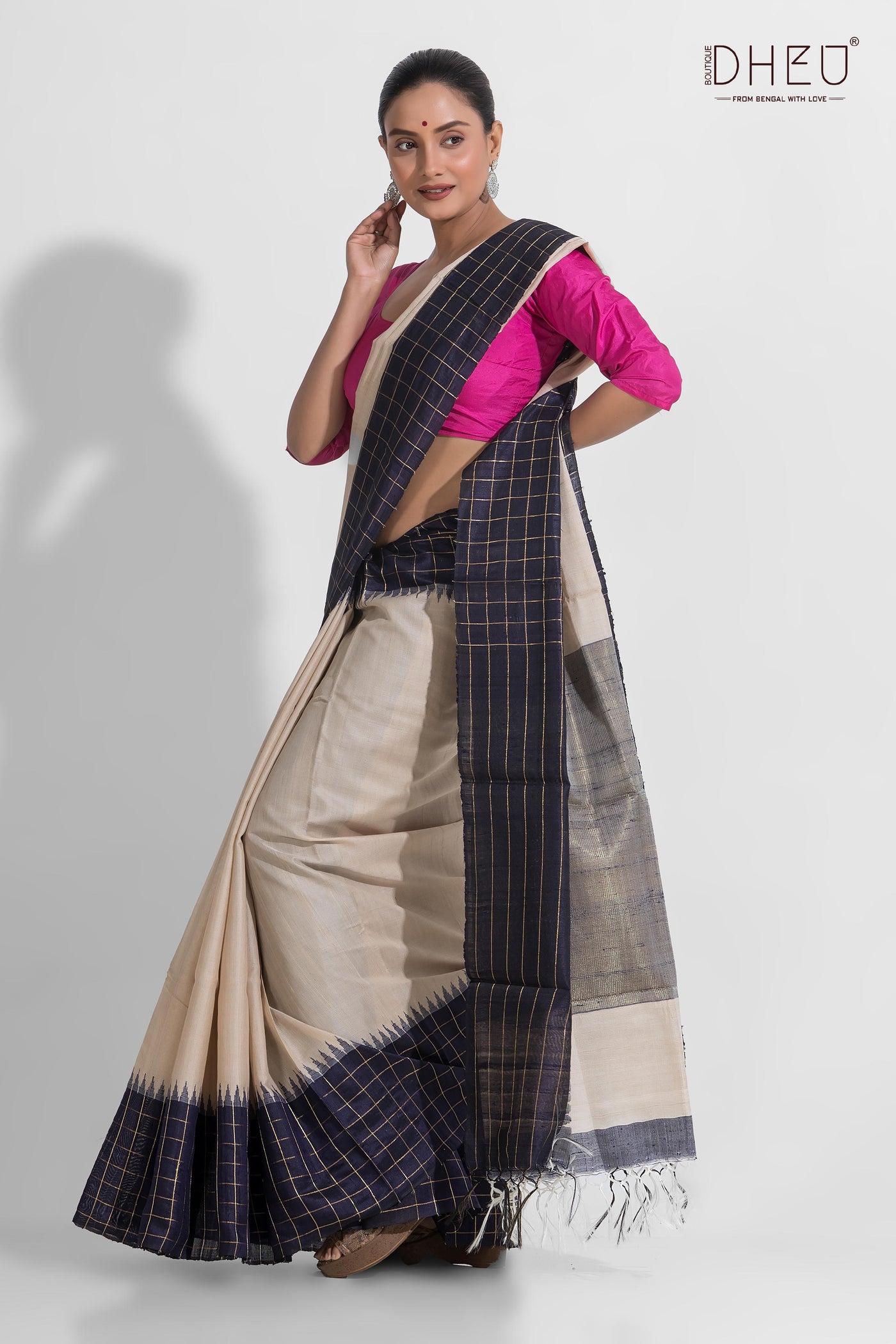 Pure Tussar Silk Check Border Saree (Silk Mark Certified)