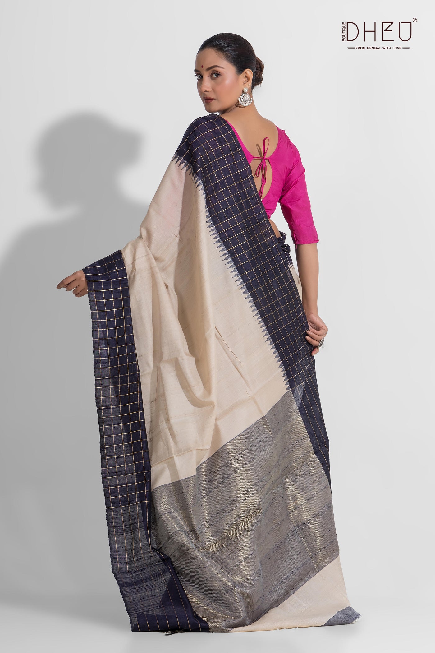 Pure Tussar Silk Check Border Saree (Silk Mark Certified)