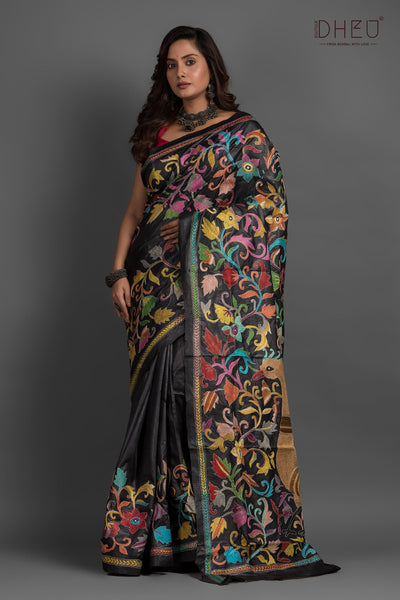 Pure Silk Kantha Stitch Saree (Silk Mark Certified)