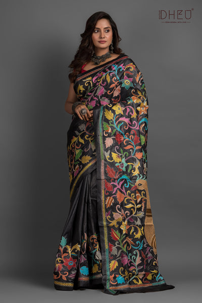 Pure Silk Kantha Stitch Saree (Silk Mark Certified)