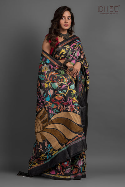 Pure Silk Kantha Stitch Saree (Silk Mark Certified)