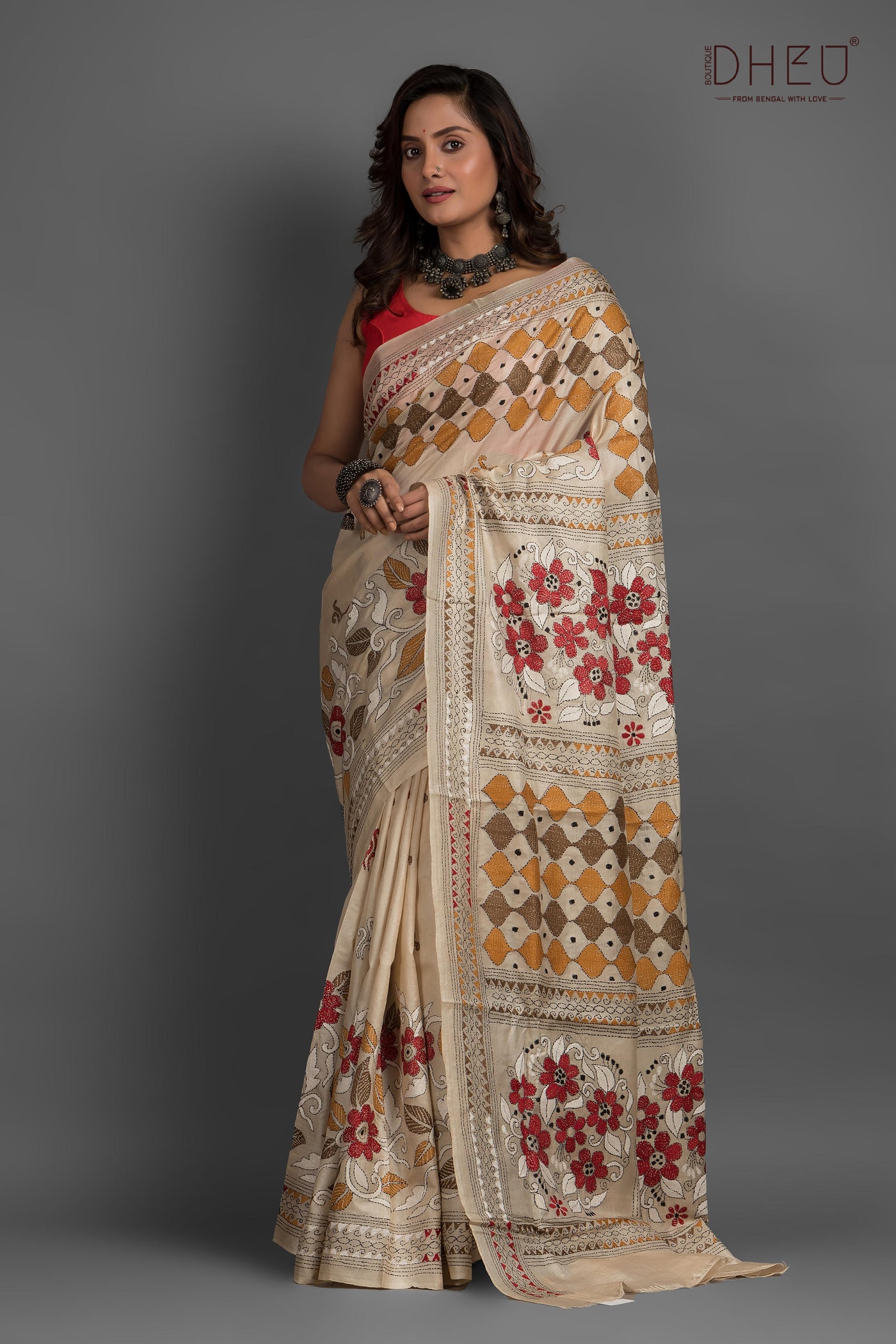 Pure Silk Kantha Stitch Saree (Silk Mark Certified)