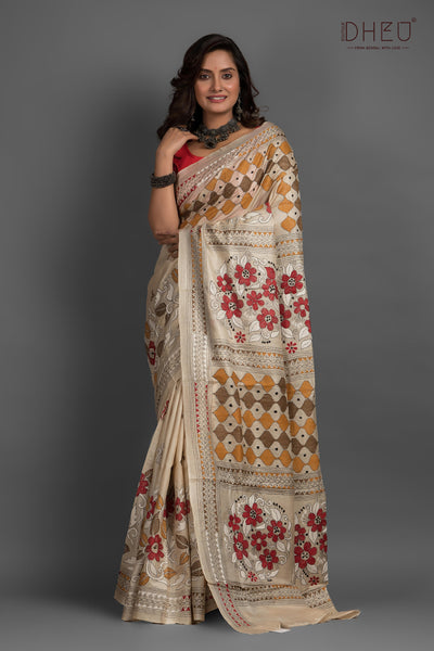 Pure Silk Kantha Stitch Saree (Silk Mark Certified)