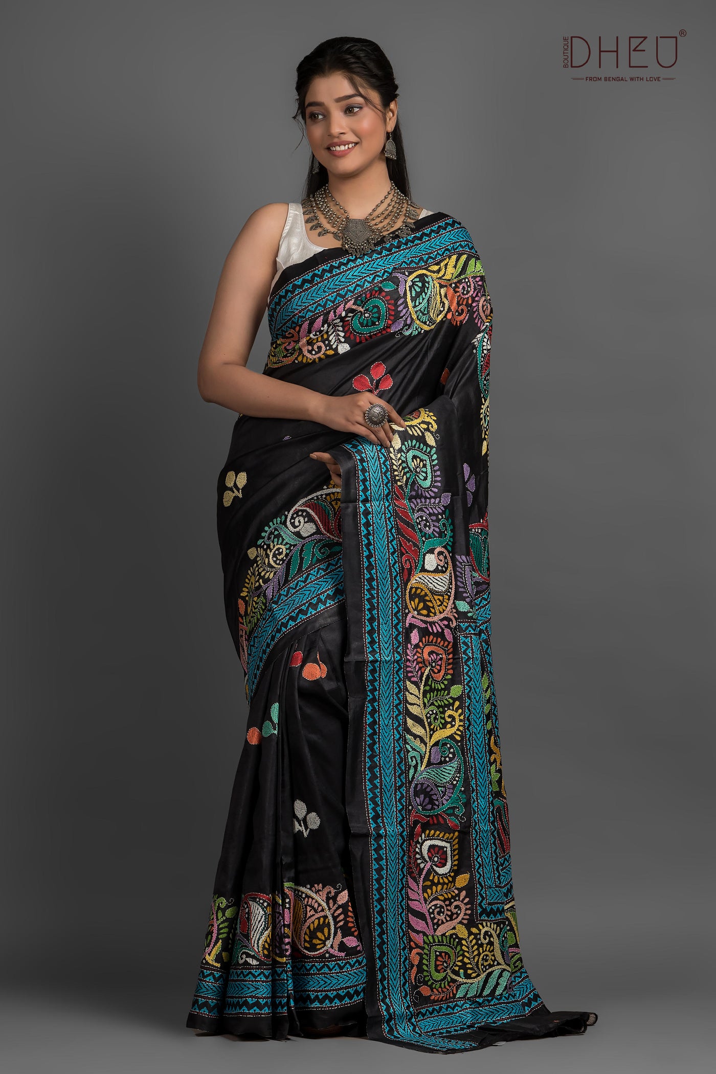 Pure Silk Kantha Stitch Saree (Silk Mark Certified)