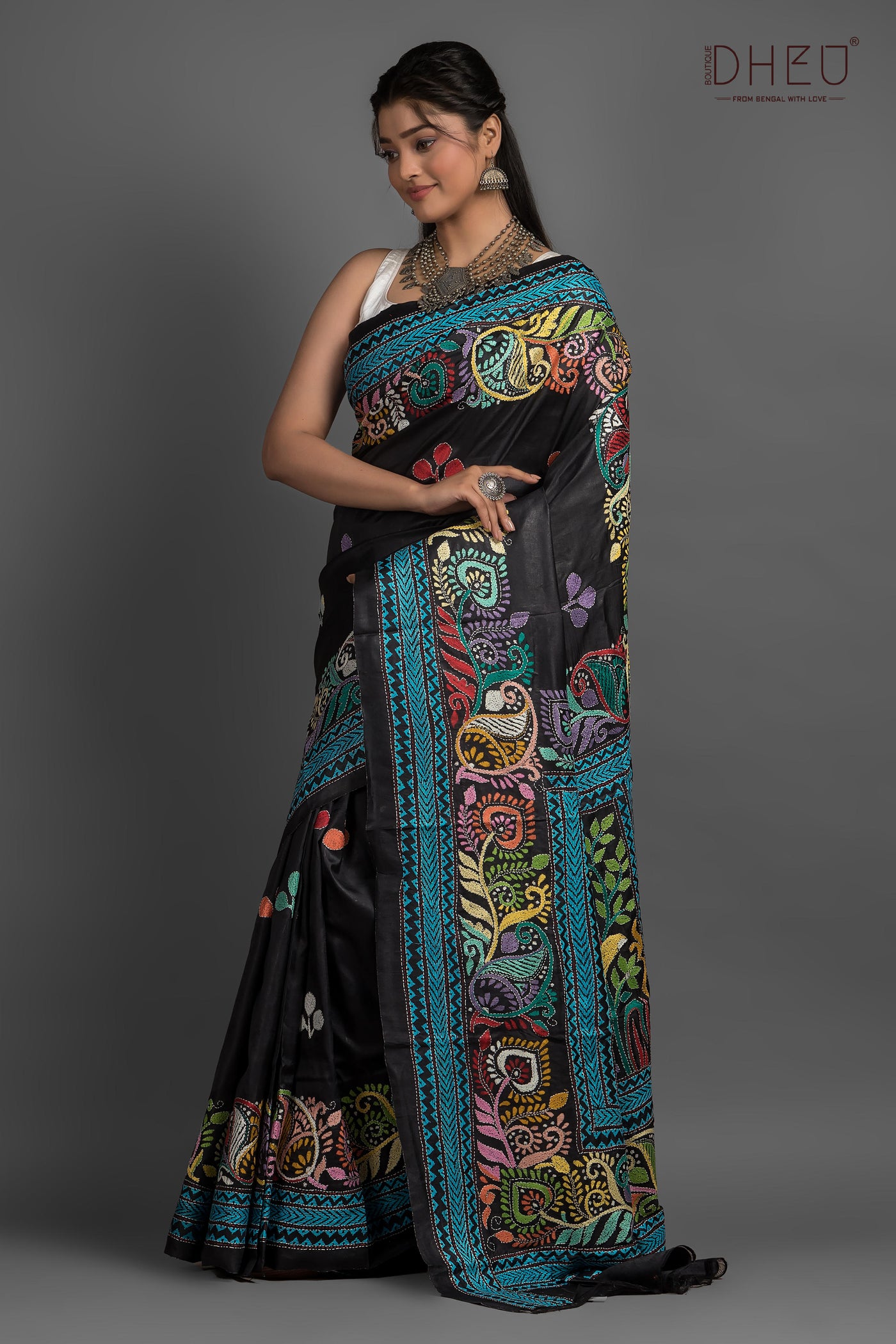 Pure Silk Kantha Stitch Saree (Silk Mark Certified)