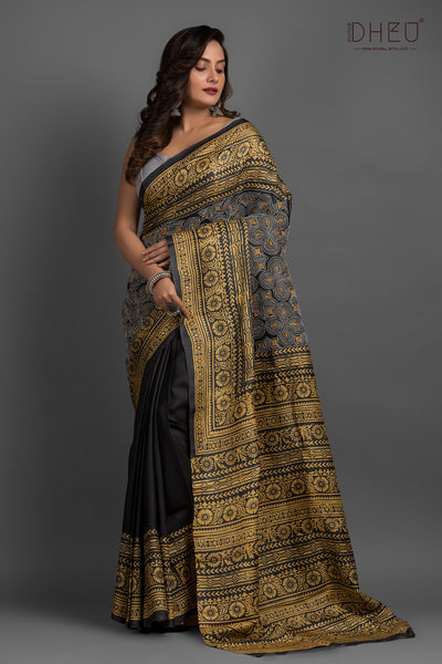 Pure Tussar Printed & Kantha Stitch Saree (Silk Mark Certified)