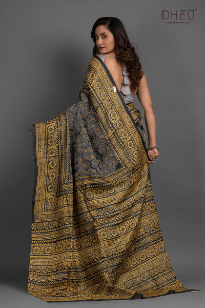 Pure Tussar Printed & Kantha Stitch Saree (Silk Mark Certified)