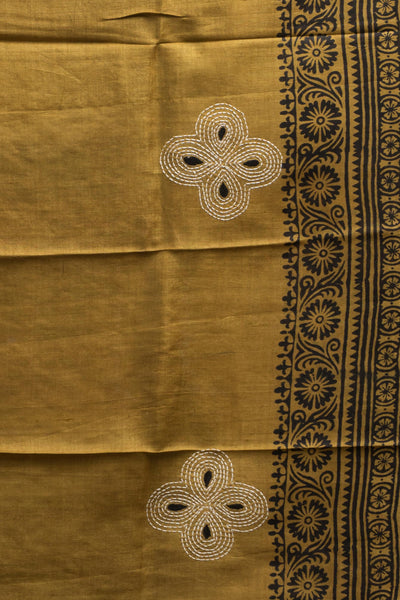 Pure Tussar Printed & Kantha Stitch Saree (Silk Mark Certified)