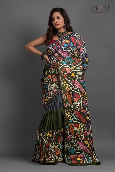 Pure Tussar Silk Kantha Stitch Saree (Silk Mark Certified)