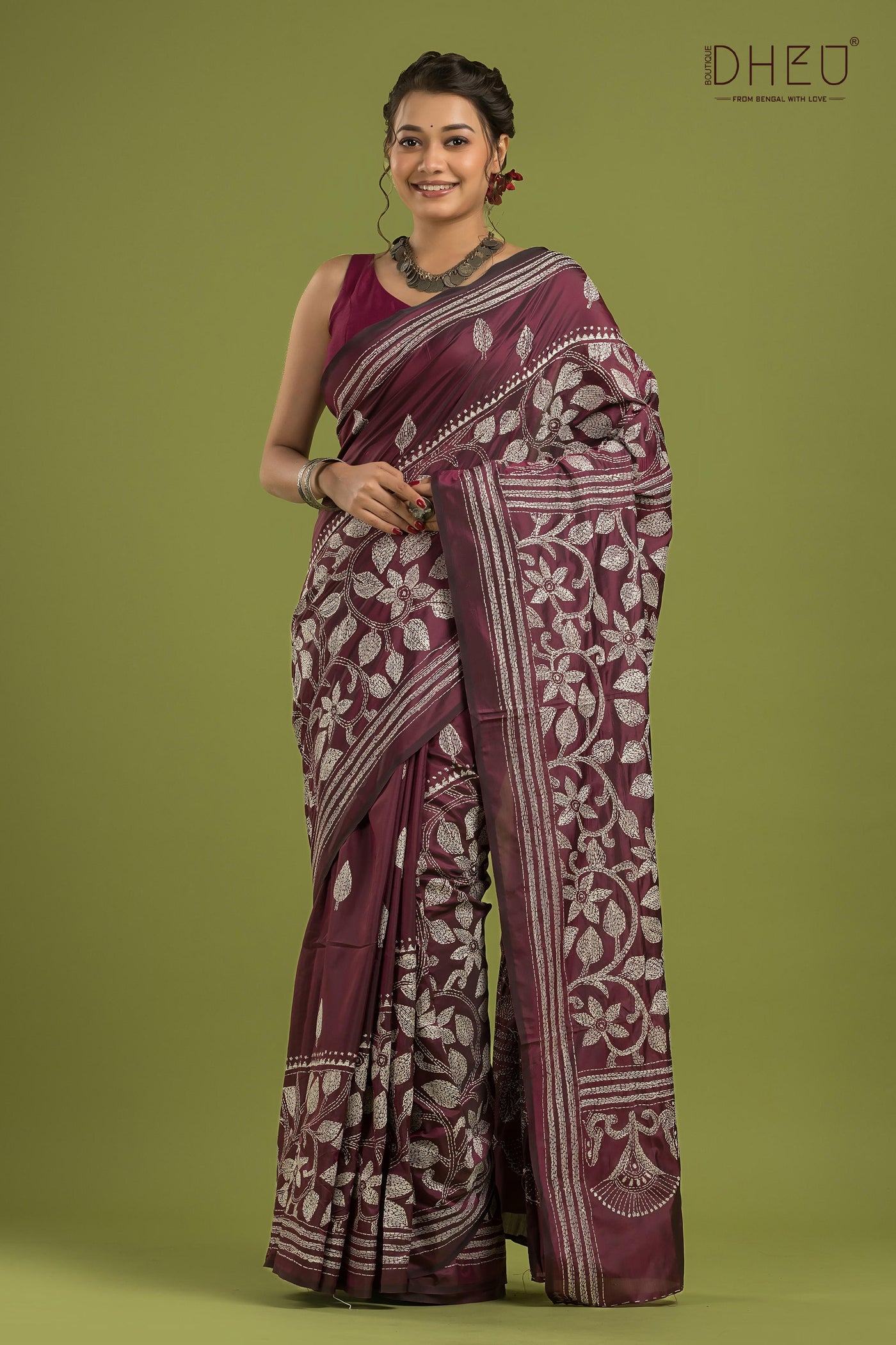 Bangalore Silk Kantha Stitch Saree (Silk Mark Certified)