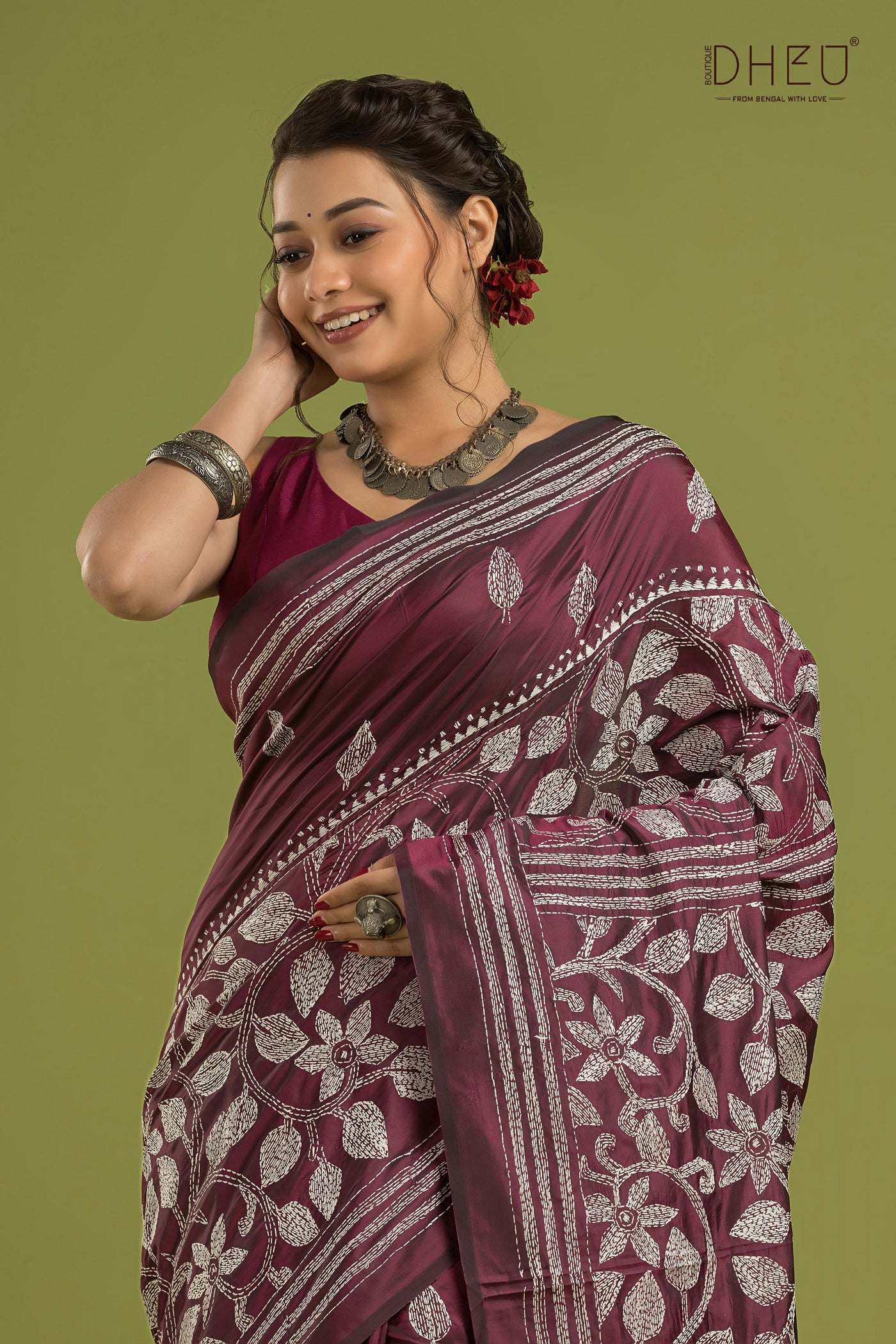 Bangalore Silk Kantha Stitch Saree (Silk Mark Certified)