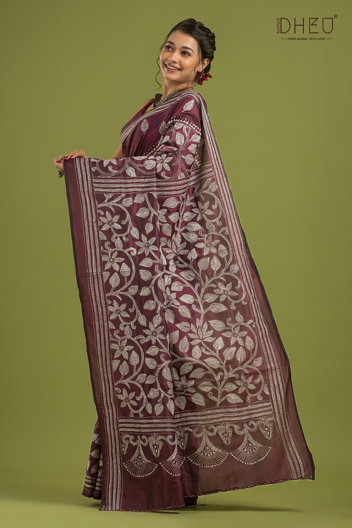 Bangalore Silk Kantha Stitch Saree (Silk Mark Certified)