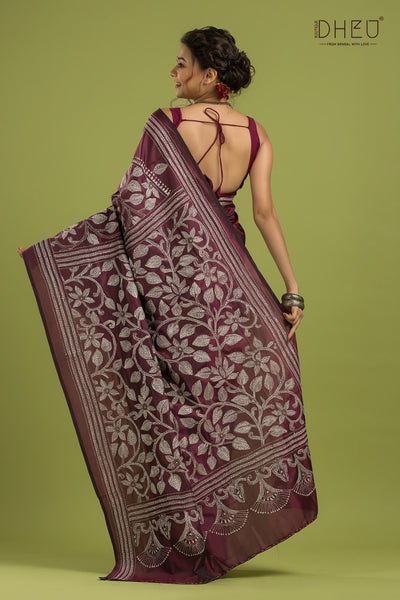 Bangalore Silk Kantha Stitch Saree (Silk Mark Certified)