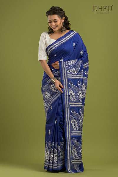 Bangalore Silk Kantha Stitch Saree (Silk Mark Certified)