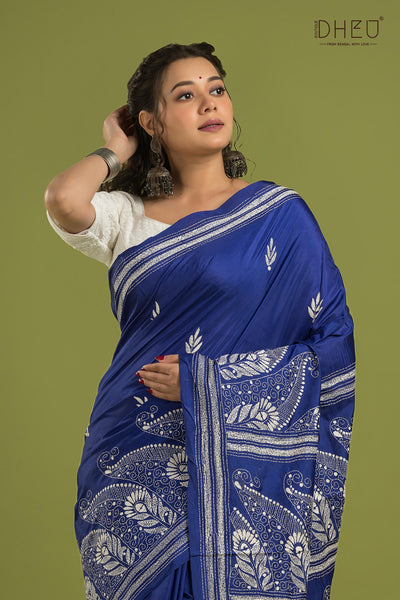 Bangalore Silk Kantha Stitch Saree (Silk Mark Certified)