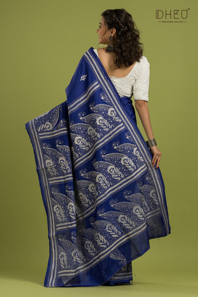 Bangalore Silk Kantha Stitch Saree (Silk Mark Certified)