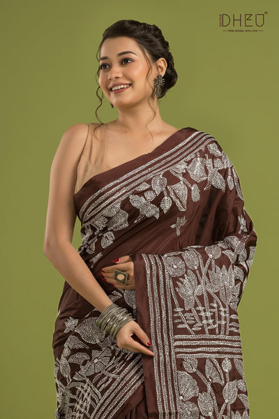 Bangalore Silk Kantha Stitch Saree (Silk Mark Certified)