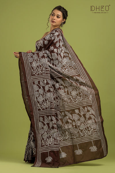 Bangalore Silk Kantha Stitch Saree (Silk Mark Certified)