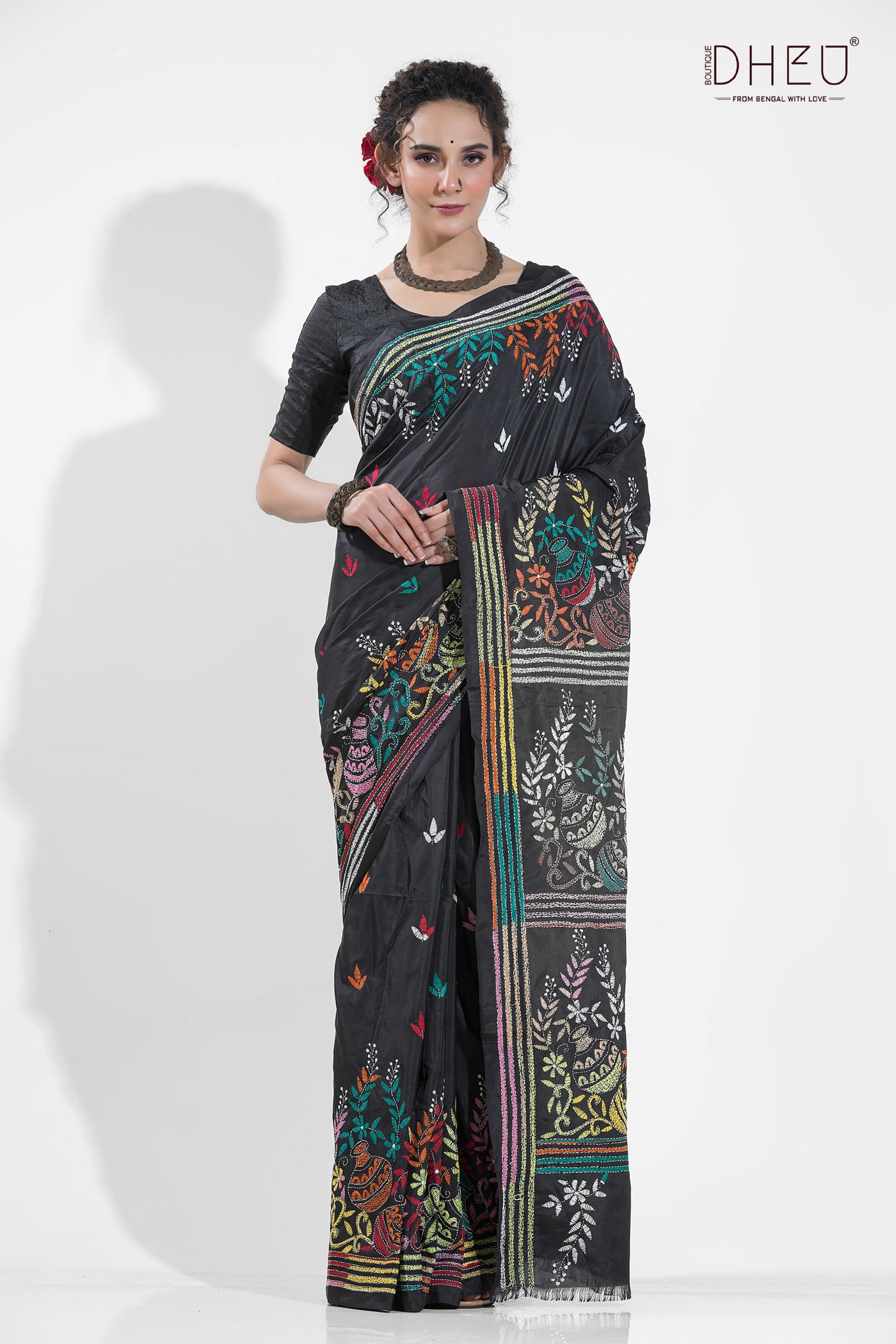 Bangalore Silk Kantha Stitch Saree (Silk Mark Certified)