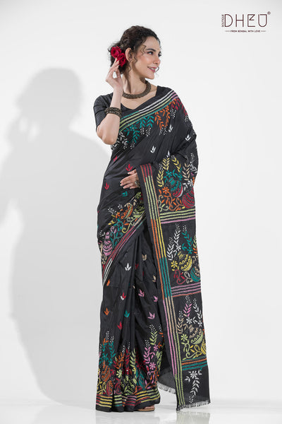 Bangalore Silk Kantha Stitch Saree (Silk Mark Certified)