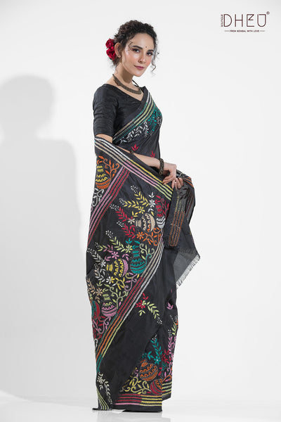 Bangalore Silk Kantha Stitch Saree (Silk Mark Certified)