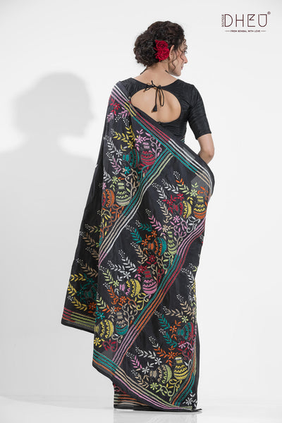 Bangalore Silk Kantha Stitch Saree (Silk Mark Certified)