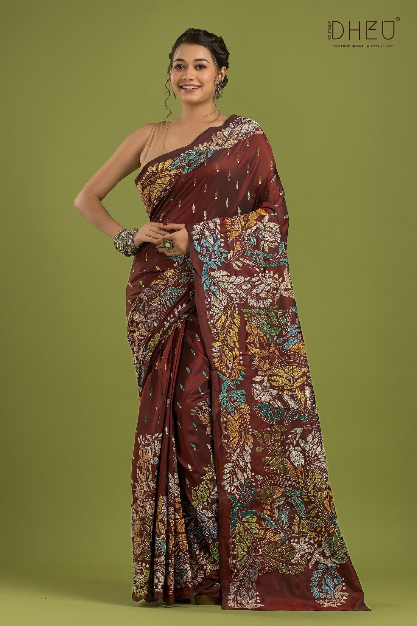 Bangalore Silk Kantha Stitch Saree (Silk Mark Certified)