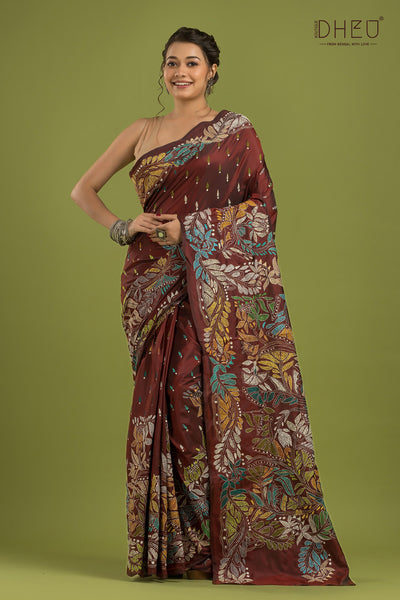 Bangalore Silk Kantha Stitch Saree (Silk Mark Certified)