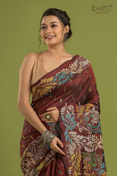 Bangalore Silk Kantha Stitch Saree (Silk Mark Certified)