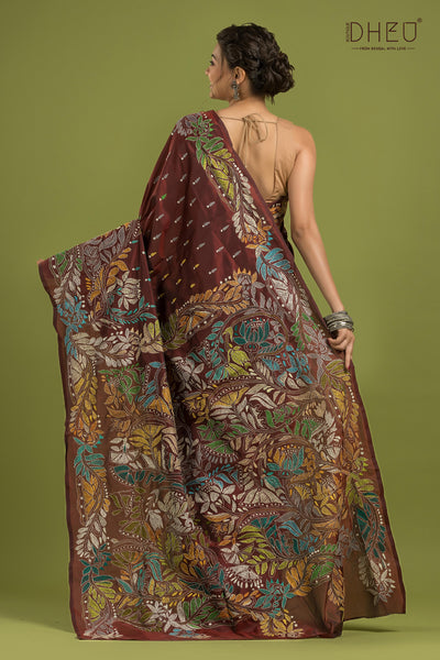 Bangalore Silk Kantha Stitch Saree (Silk Mark Certified)