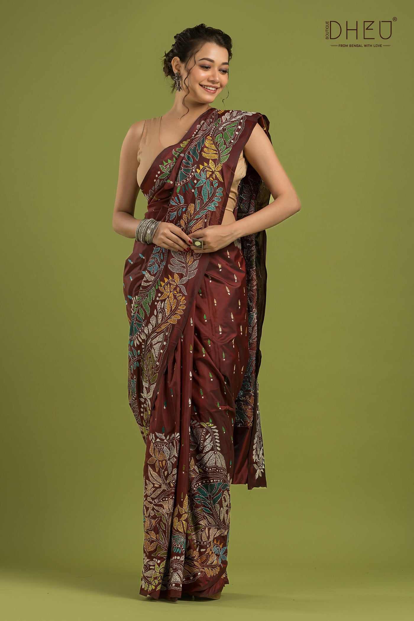 Bangalore Silk Kantha Stitch Saree (Silk Mark Certified)