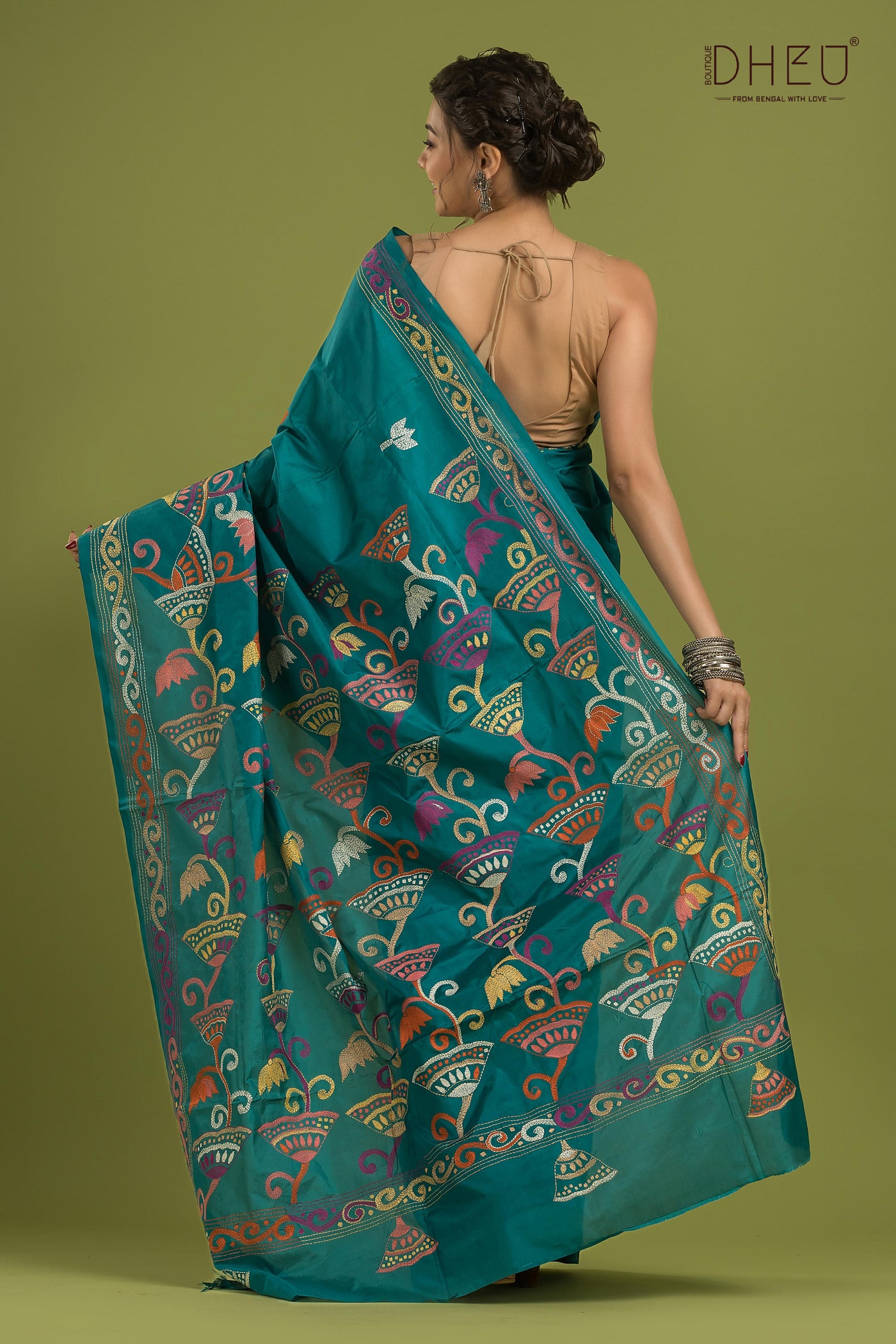 Bangalore Silk Kantha Stitch Saree (Silk Mark Certified)