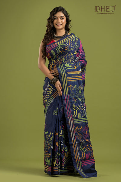 Bangalore Silk Kantha Stitch Saree (Silk Mark Certified)