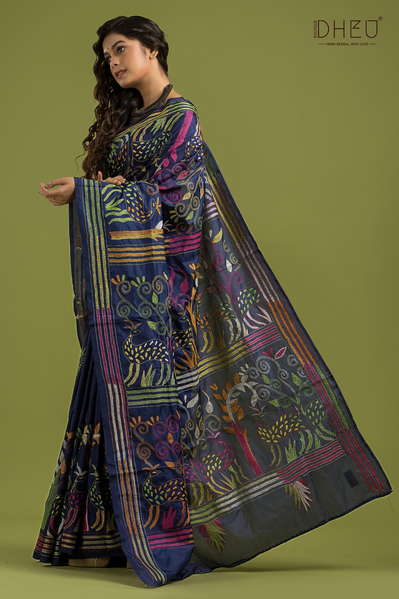 Bangalore Silk Kantha Stitch Saree (Silk Mark Certified)