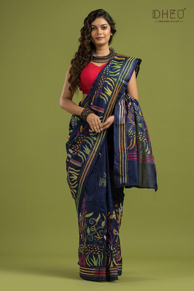 Bangalore Silk Kantha Stitch Saree (Silk Mark Certified)