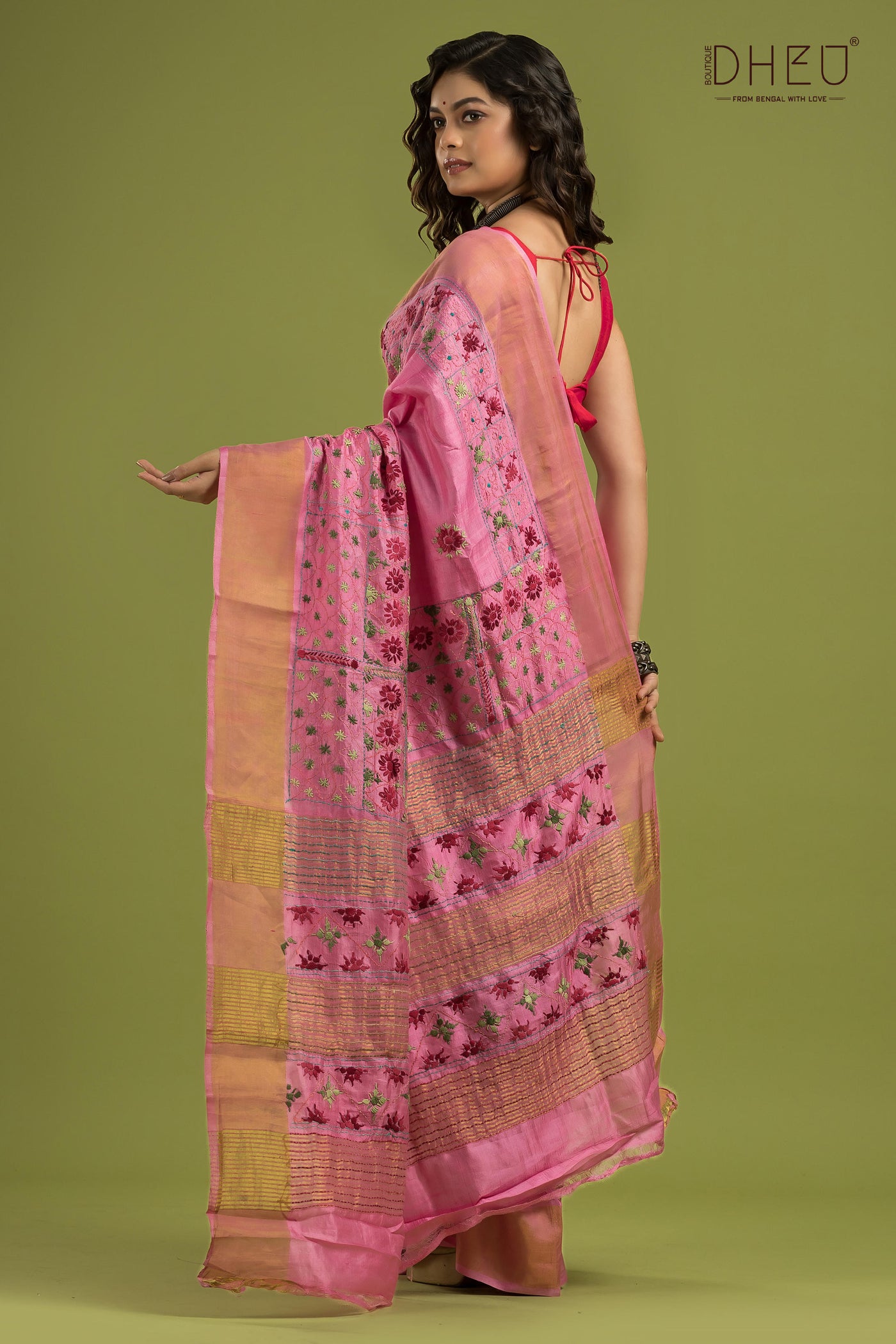 Pure Bangalore Silk Kantha Stitch Saree (Silk Mark Certified)