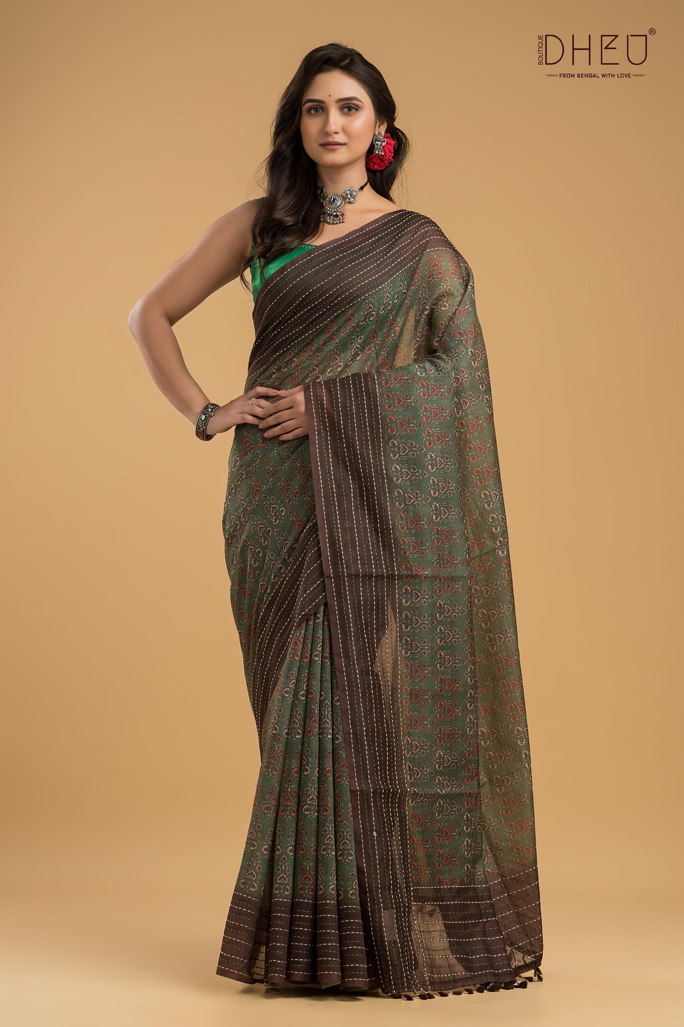 Handloom Silk Kantha Stitch Border Saree