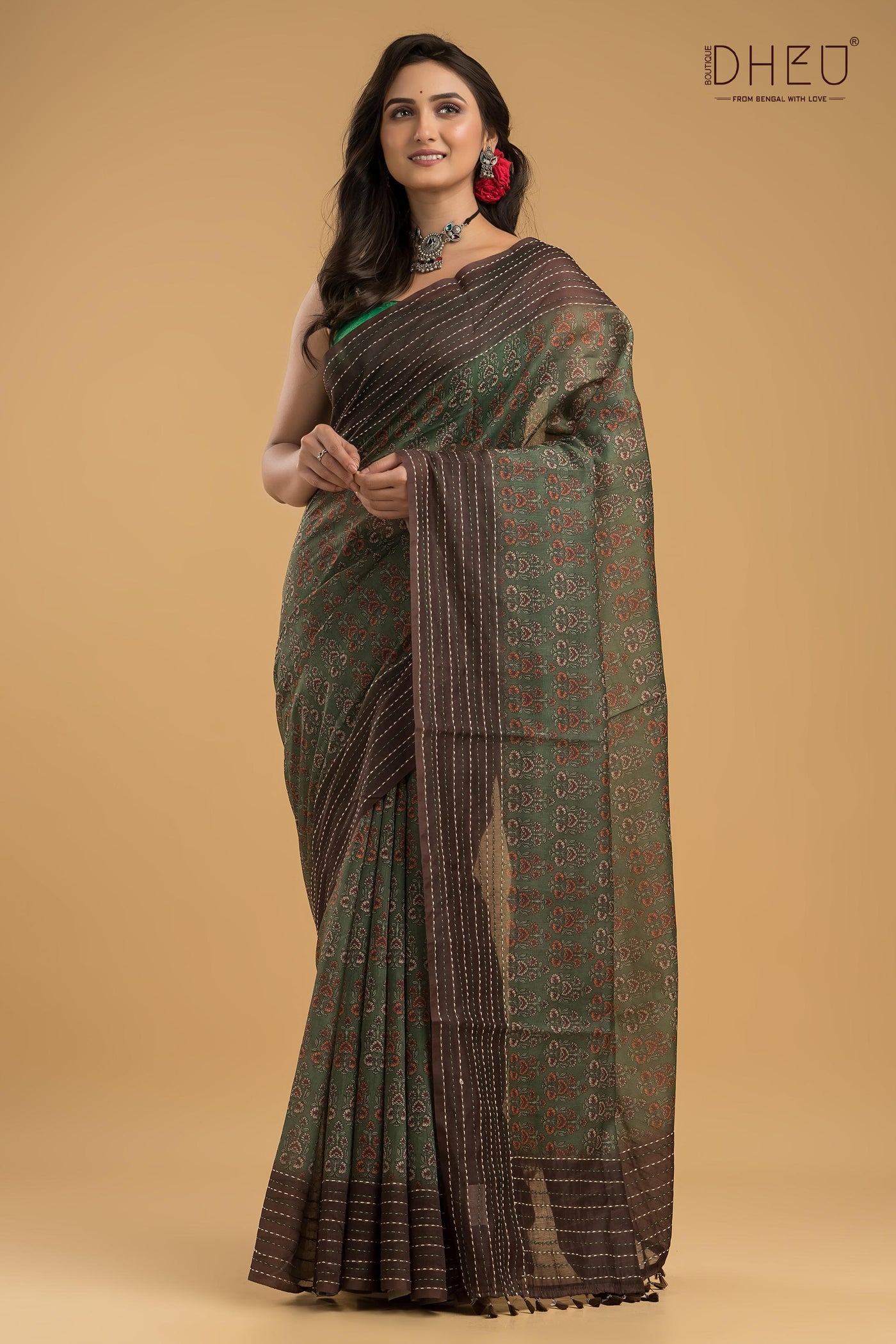 Handloom Silk Kantha Stitch Border Saree