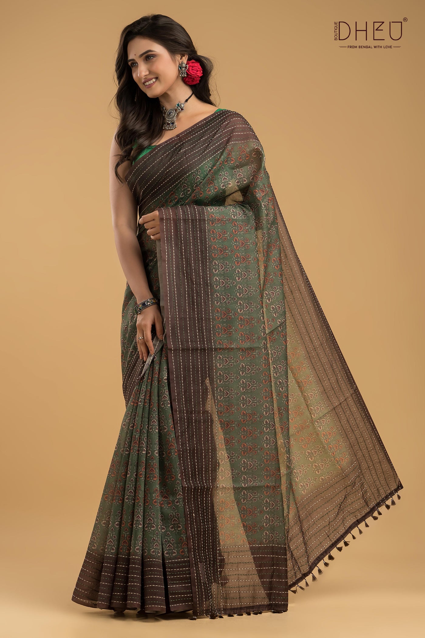 Handloom Silk Kantha Stitch Border Saree